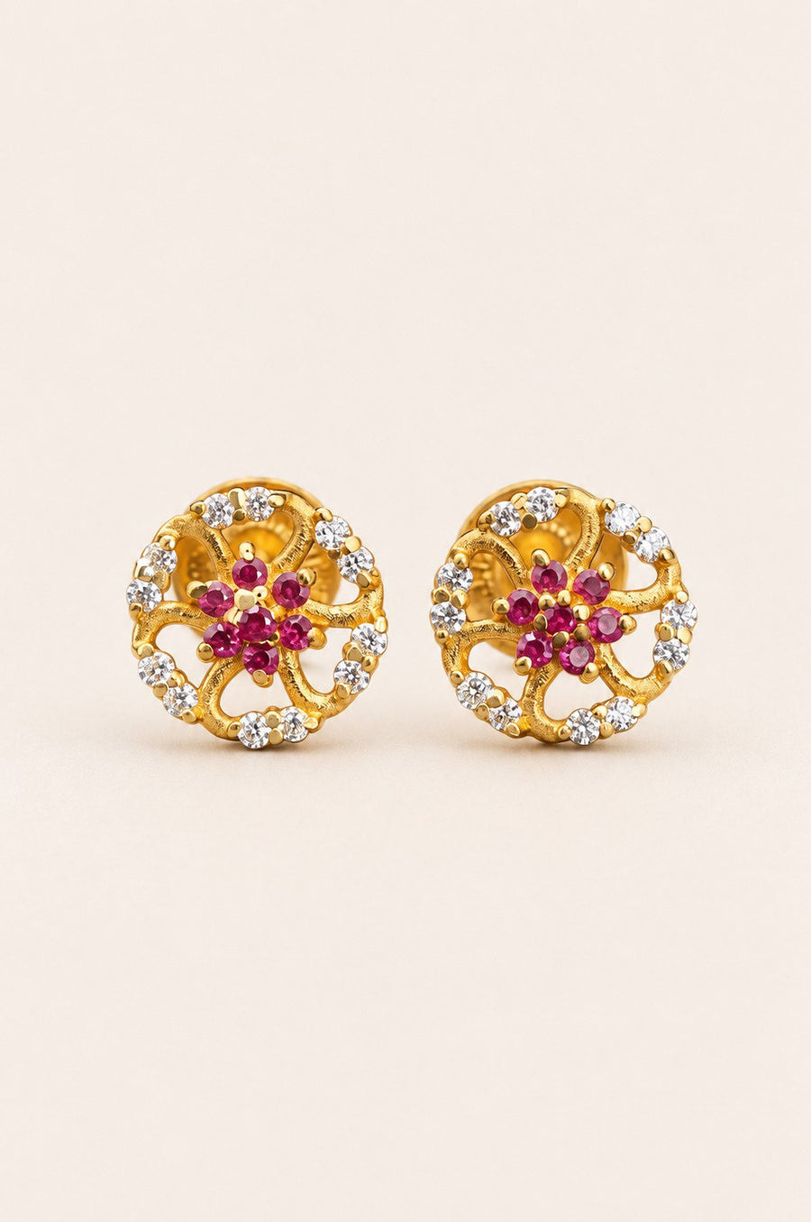 Gold Floral Ruby Earrings